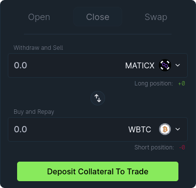 1delta's trade panel before any collateral is deposited, showing the Deposit Collateral To Trade button