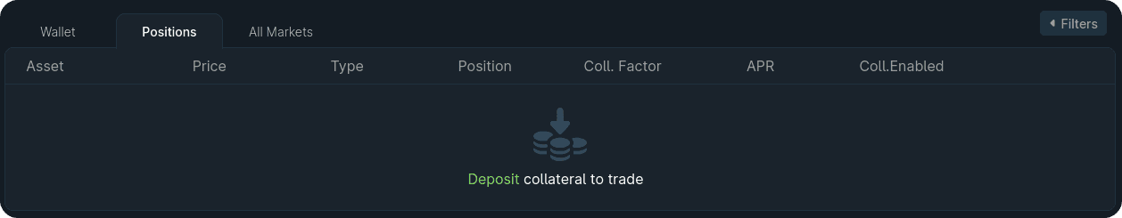 1delta's empty Positions table prompting the user to deposit collateral to trade